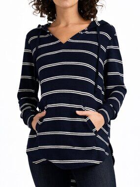 NWOT Lucky Striped Cloud Jersey Hooded Tunic Sweater Navy Coastal Boho XS